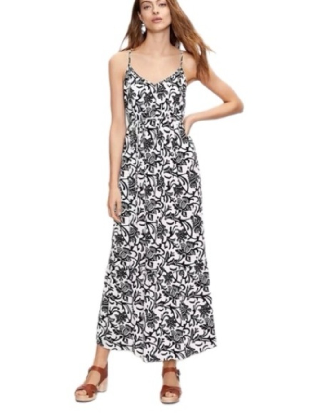 LOFT Black White Floral Maxi Dress Boho Sleeveless Size Medium